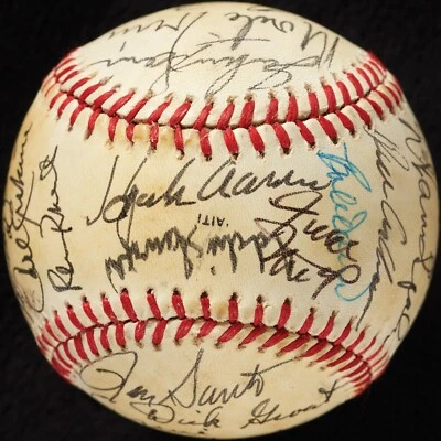 Hank Aaron Ernie Banks 1980's Cracker Jack Old Timer's Game Signed Baseball BAS - Image 1 of 4