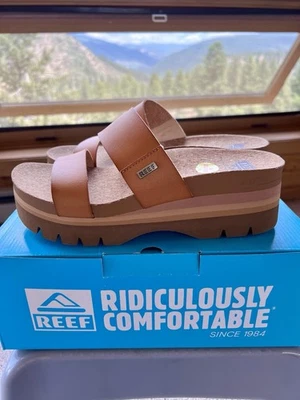 Reef Cushion Vista Hi Brown Leather Double Strap Platform Sandals Size 9 *NEW* - Image 1 of 4