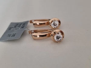 New 14k 585 Yellow Gold with White Stone Huggie Earrings - Picture 1 of 8