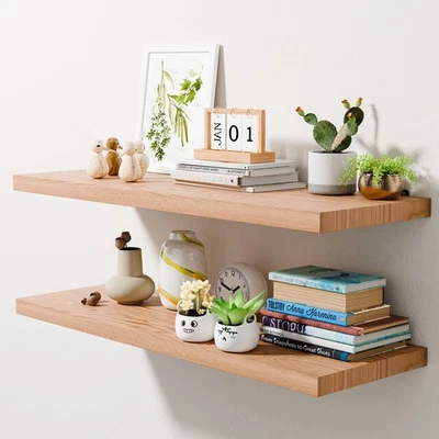 36 Inch Solid Oak Floating Shelves - Natural 12 Inch Deep Wall Shelf Set of 2... - Image 1 of 4