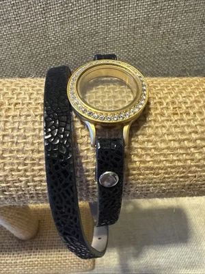 Origami Owl Large Black Embossed Leather Wrap Bracelet ~ Gold Crystal Locket New - Image 1 of 2