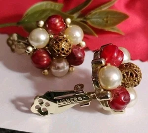 MCM LISNER festliche marmorierte rote Acryl-, Kunstperlen-, braune Cluster-Clip-Ohrringe! - Bild 1 von 7