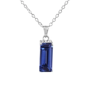 AA Flawless Ceylon Blue Sapphire Baguette Pendant:Sterling Silver Charm 20x8 mm - Picture 1 of 5