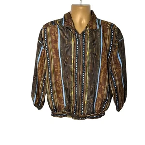Vintage 80s 90s Kloz Abstract Striped Zip Jacket Elastic Hem Brown S Unisex - Bild 1 von 4