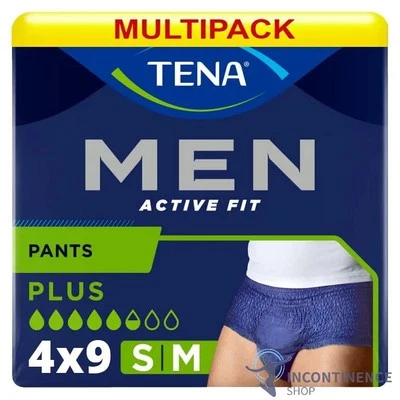 4x TENA Men Active Fit Incontinence Pants - Plus - Small/Medium - Pack of 9