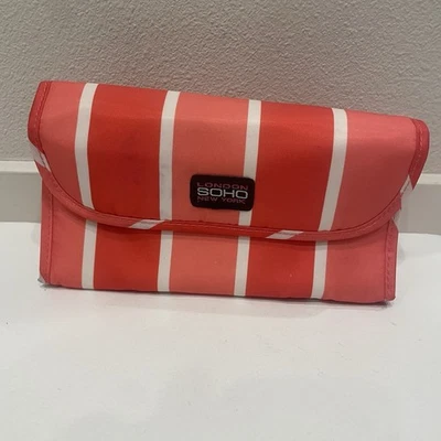 Y2K LONDON SOHO NEW YORK Cosmetic Makeup Folding  bag Pink Red Stripe Mirror - Image 1 of 4