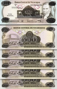 Nicaragua 100000 on 500 Cordobas 1987, UNC, 5 Pcs LOT, P-149, Serie G - Picture 1 of 4