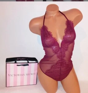 Victoria Secret Lingerie Teddy One Piece Bodysuit Medium Burgundy Plunge Halter - Picture 1 of 6