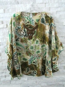 Chico's Art-to-Wear Verde Seda Arrugada Cuentas Cuello Batik Paisley Caftán L XL - Imagen 1 de 6