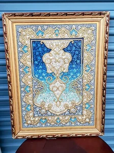 Wunderschönes einzigartiges handgemaltes Mosaik Kunst Gemälde, blau gold & weiß gerahmt! - Bild 1 von 5