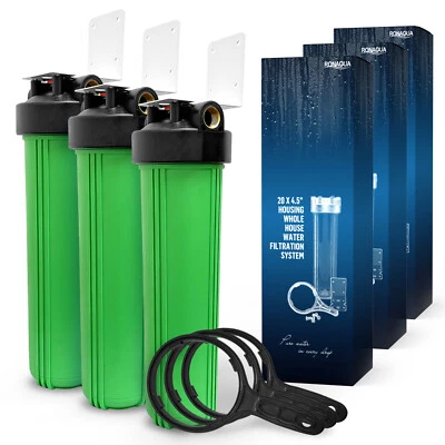 3 sistemas purificadores de filtro verde de alta capacidade 20x4,5” casa inteira porta latão 1” - Imagem 1 de 4