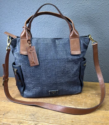 Bolso Cartera FOSSIL "Emerson" Azul Marino Paja con Bordes y Correas de Cuero #ZB6539 Foto 1 de 4