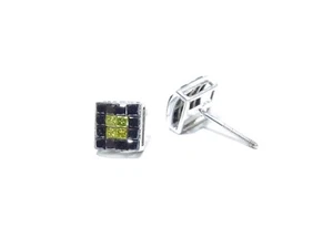 14k White Gold .95ct Black & Canary Princess Cut Diamond Square Shaped Earrings - Picture 1 of 5