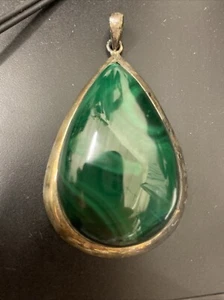 Vintage ‘70’s Large Green Solid Malachite Silver Mounted Pendant 6.5cm 50gm - Picture 1 of 9