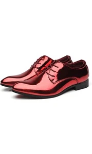 Santimon Men's US9.5 Patent Leather Shiny Pointed Toe Derby Prom Dress Shoes Red - Picture 1 of 3