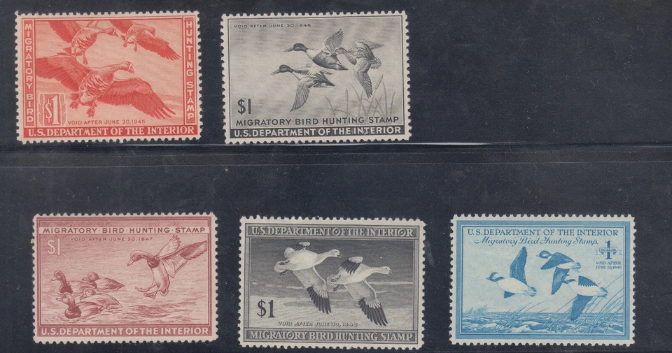 US Stamp RW11-15 $1 Duck Stamps F-VF to VF+ LH - CV $390 as NH - Image 1 of 1