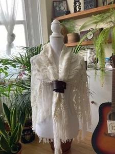 White wedding  triangle fringed shawl with faux leather strap /woman top - Picture 1 of 6