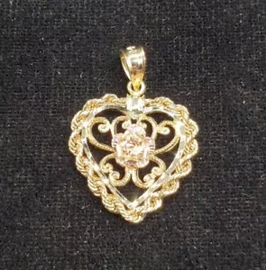 1.33g 14k Gold Heart Pendant With Rose Gold Rose, EJ127 - Picture 1 of 3
