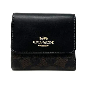 Cartera Coach pequeña triple pliegue en lona bloqueada marrón cuero negro CE930 - Imagen 1 de 6