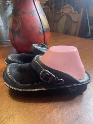 Sapatos mules femininos Alegria Sevilha couro preto com tamancos flexíveis de camurça tamanho 6-6.5 - Imagem 1 de 4