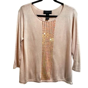 August Seide Strick Pailletten 3/4 Arm Bluse 100% Seide Pullover Damen Large - Bild 1 von 4