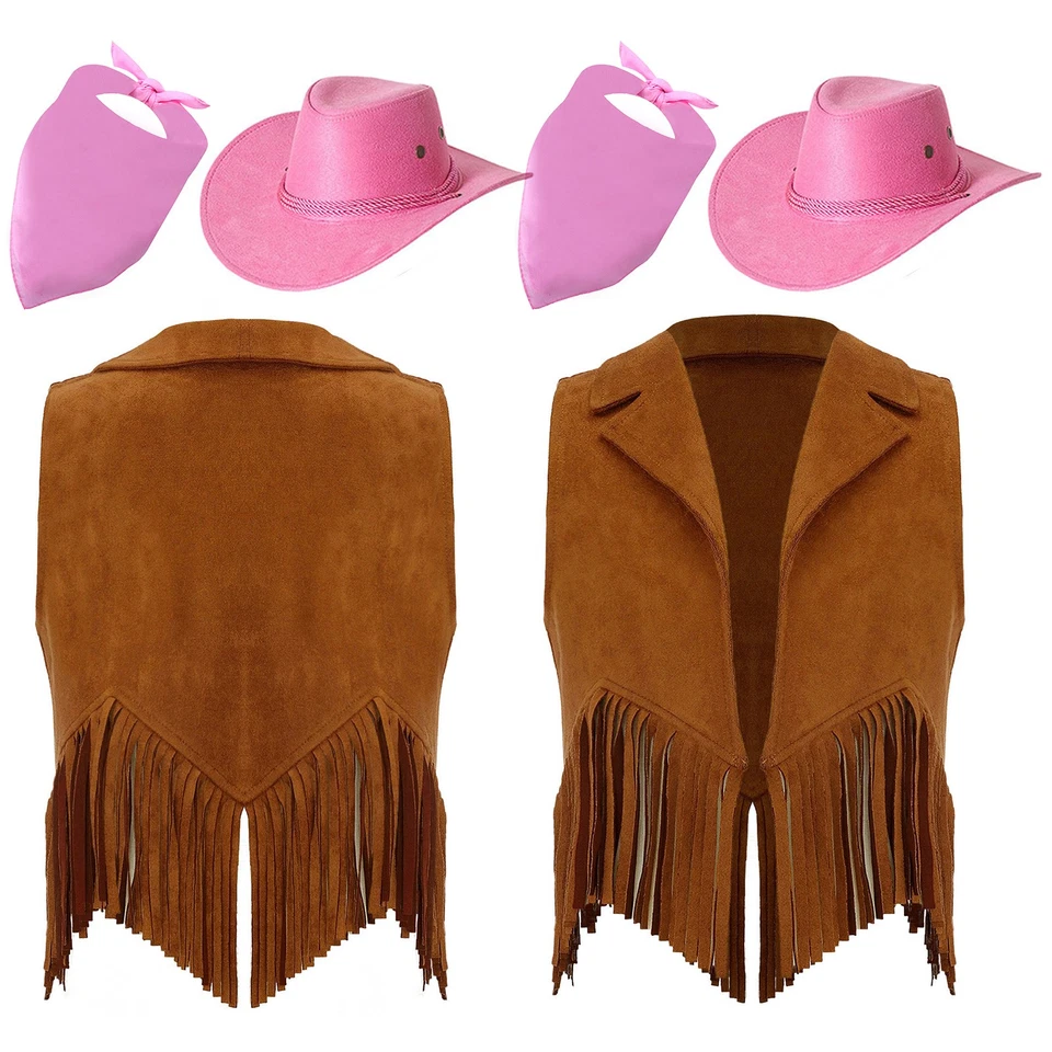 Conjunto de roupas infantis meninas franjas fantasia de cowboy macia chapéu de cowgirl colete de festa camurça - Imagem 1 de 1