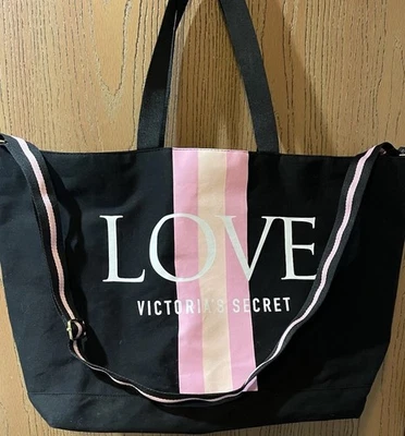  Victoria's Secret LOVE Zip Canvas Tote Bag Weekender Strap Black Pink - Image 1 of 4