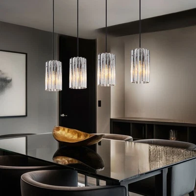 LED Lampada a Sospensione Luce Nichel Schermo di Vetro 4 Fiamma Lunghezza 80cm - Immagine 1 di 4