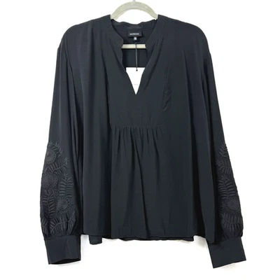 Who What Wear Blouse Women's Sz XL Black Embroidered Sleeve V-Neck Pleated Tunic - Image 1 of 4