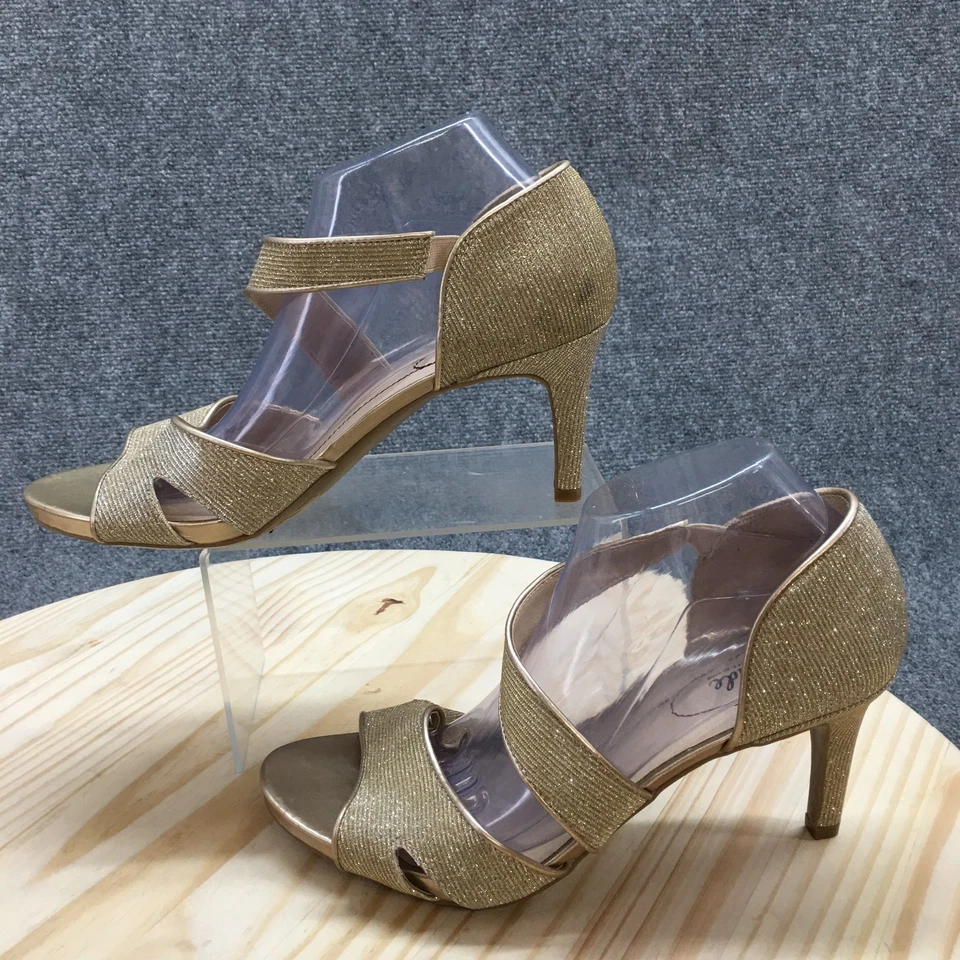 Lifestride 高跟鞋女式 10 宽 Mega 泵金色一脚蹬露趾高跟鞋新品 — 第 1/4 张图片