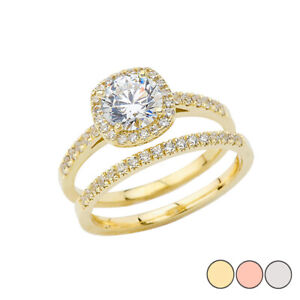 Solid Gold Engagement Set Ring With CZ Center Stone (Yellow/Rose/White)