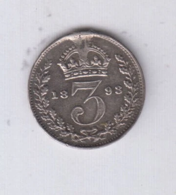 GREAT BRITAIN UK Victoria 3 Pence 1893 Silver, KM730, better grade (gbr1322) - Image 1 of 2