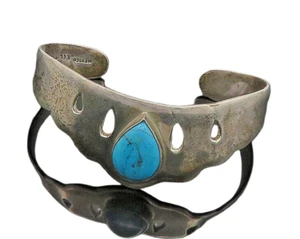 MEXICO 925 Sterling Silver Vintage Tear Drop Turquoise Cuff Bracelet BT9096 - Picture 1 of 8