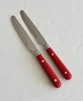 2 Vintage Dinner Knives Stainless Red Plastic Handle Rivets 8 1/2” Thailand - Image 1 of 4