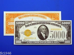 Fantasy $5000 1934 Gold Certificate US Paper Money Currency Never Issued Copy - Picture 1 of 3