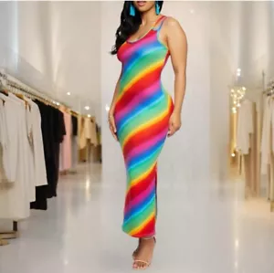 Women Long Dress Multicolor Printed Rainbow Scoop Neck Sleeveless Size 3X - Picture 1 of 7