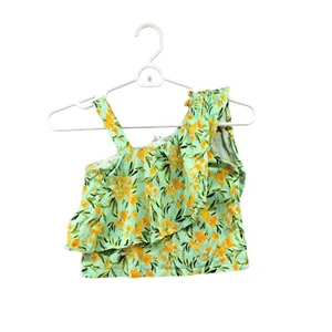 Zara Girls Size 9 Ruffle Floral Cotton Open Shoulder Summer Top Green Yellow - Picture 1 of 8