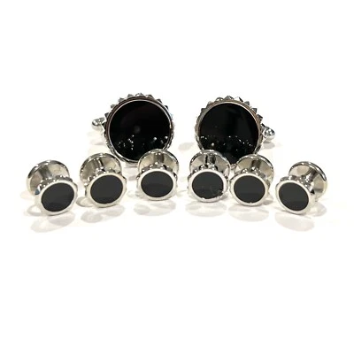 Juego de gemelos redondos negros con borde piramidal y 6 piezas de tachuelas esenciales para boda para hombres Foto 1 de 4