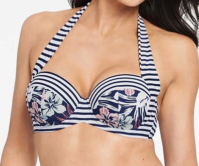 Joe Browns Bikini Top Navy Blue White Floral Size 34F Padded Bandeau Halter Neck - Image 1 of 4