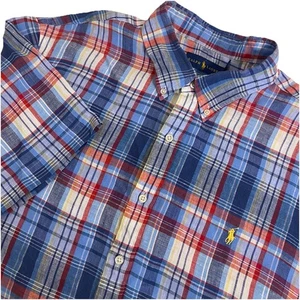 Ralph Lauren 100% Leinen Hemd Herren XXL Blau Madras Kariert Kurzarm Preppy Ivy - Bild 1 von 6