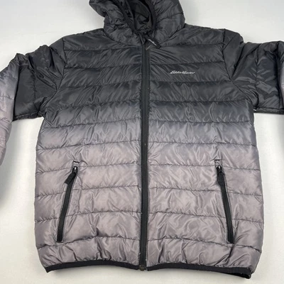 Eddie Bauer Reversible Down Puffer Jacket Kids Sz L 14/16 Black/Gray  Hooded Zip - Image 1 of 4