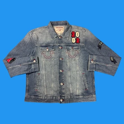 Chaqueta de camionero True Religion Jeans para hombre talla XL Jesse SN azul parcheada Foto 1 de 4