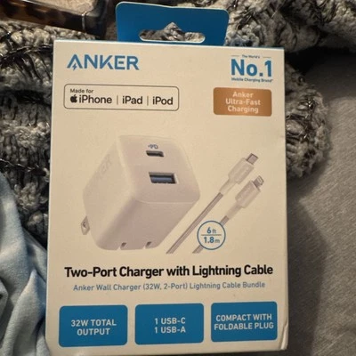 NIB ANKER Wall Charger 32W 2-Port with MFi-Certified USB-C Lightning Cable White - Image 1 of 2