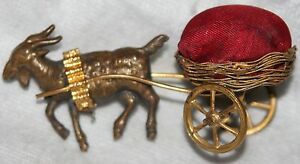ANTIQUE 1880 rare FRENCH FIGURAL~~BEARDED GOAT & CART PIN CUSHION~~NOVELTY 
