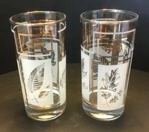 VTG Dominion Glass Set of Two Highball Glasses Gold & Frosted Retro Barware - Picture 1 of 8