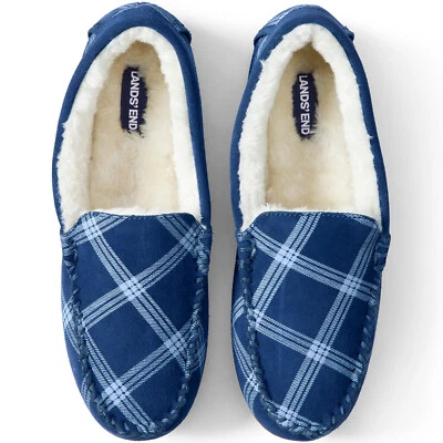 LANDS' END Women Suede Leather Moccasin Slippers Size 10 Blue Plaid NEW - Image 1 of 4