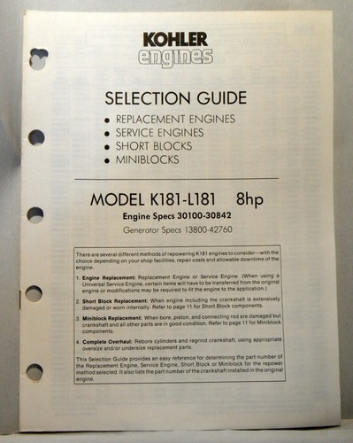 PRINTED 8-1984 KOHLER ENGINES K181-L181 8HP SELECTION GUIDE ENGINE ...