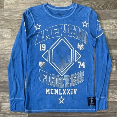 American Fighter Long Sleeve Thermal Shirt Men’s Medium Blue Grunge Double Sided - Image 1 of 4