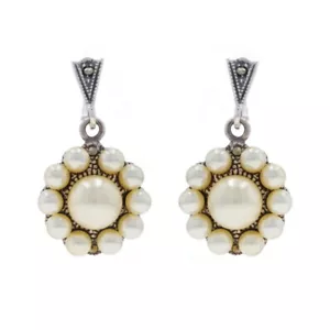 Sterling Simulated Pearl Marcasite Halo Dangle Earrings - 925 Flowers Pierced - Picture 1 of 7