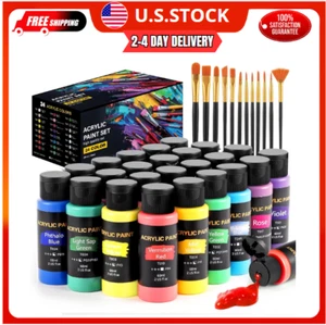Acrylic Paint Set, 24 Colors (2 oz/Bottle) with 12 Art Brushes, Art Supplies ... - Picture 1 of 8
